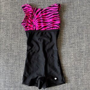 Black and Pink Zebra Print Gymnastics Leotard – Size XXS, Short Bottoms